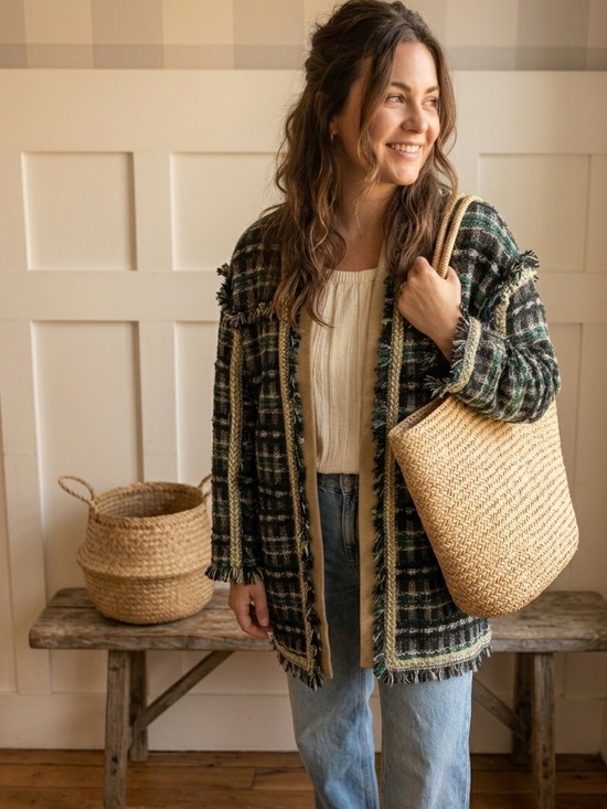 Jackets & Blazers - Fiona Chen Fringed Tweed Open Cardigan Jacket - Black, Green, Cream
